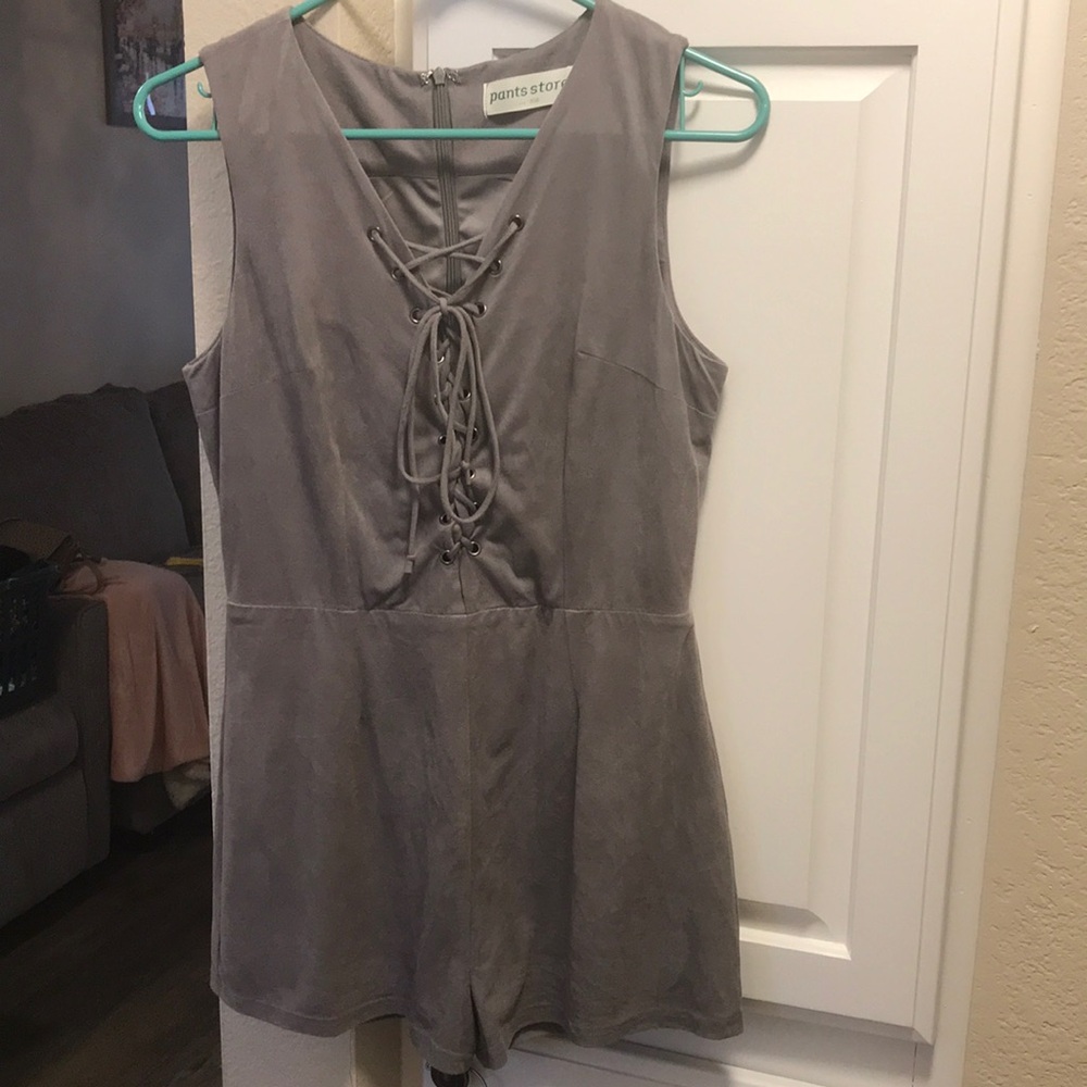 Pants store grey faux suede shorts romper with lace up front